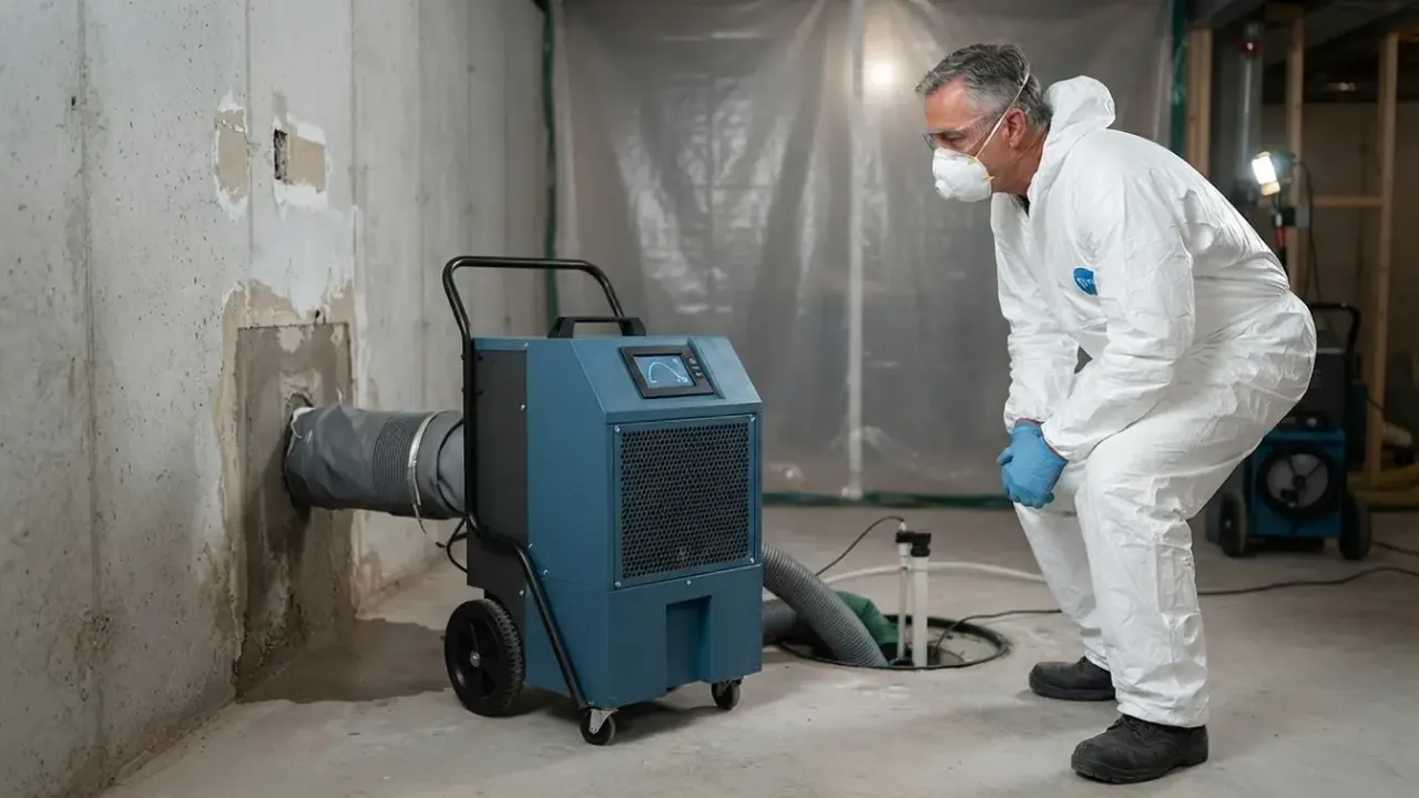 Mold Removal & Remediation in Florida: professional-looking commercial dehumidifier actively running in a damp, recently