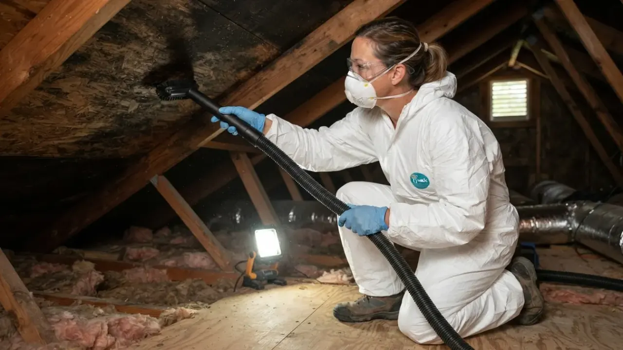 Attic Mold Removal in Florida: mold remediation technician in a dusty attic, kneeling on plywood, using a HEPA vacuum to