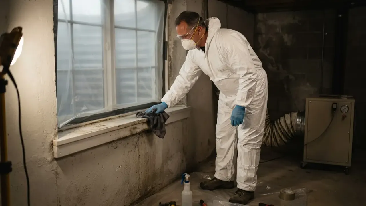 Basement Mold Removal in Florida: mold remediation technician wiping down a mold-affected window sill in a basement with a