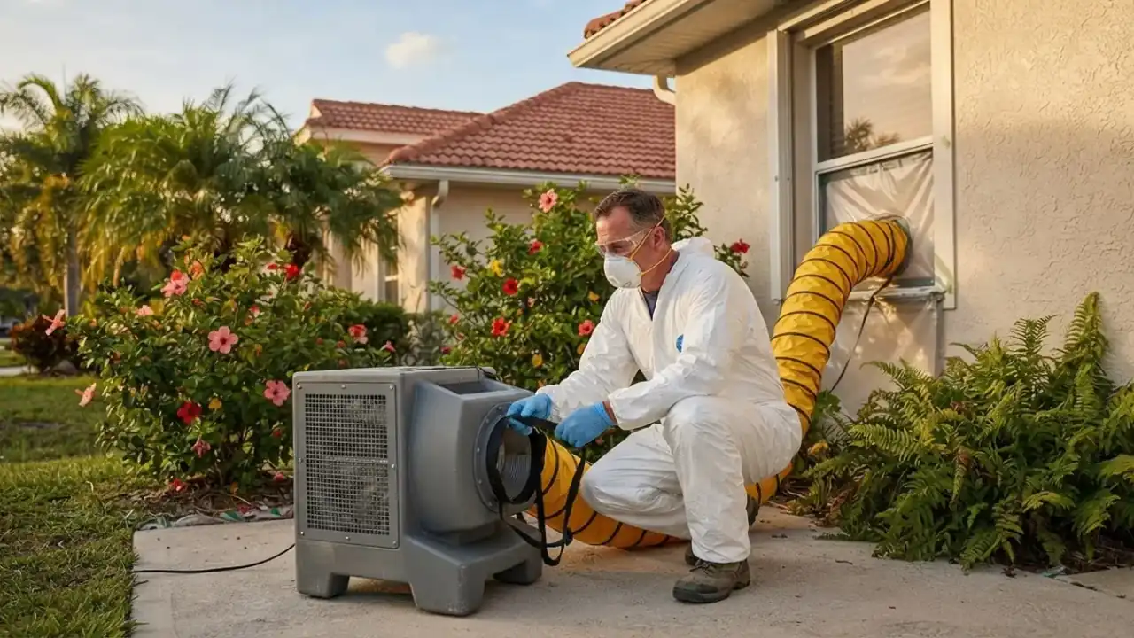 Mold Removal & Remediation in Florida: Close-up of a HEPA-filtered air scrubber with its exhaust hose running into a window