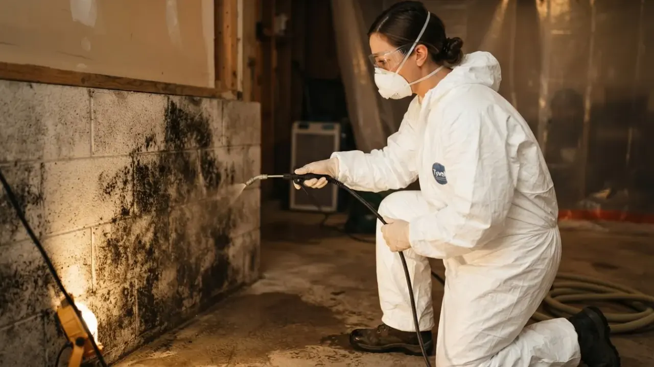 Black Mold Removal in Florida: mold remediation technician applying a specialized biocide with a low-pressure sprayer to a