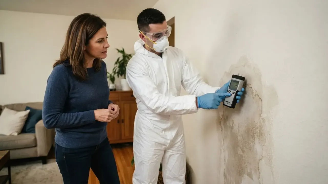 Mold Removal & Remediation in Florida: mold remediation technician explaining a moisture meter reading on a damp wall to a