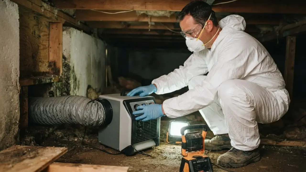 Crawl Space Mold Removal in Florida: mold remediation technician operating a small HEPA-filtered air scrubber inside a