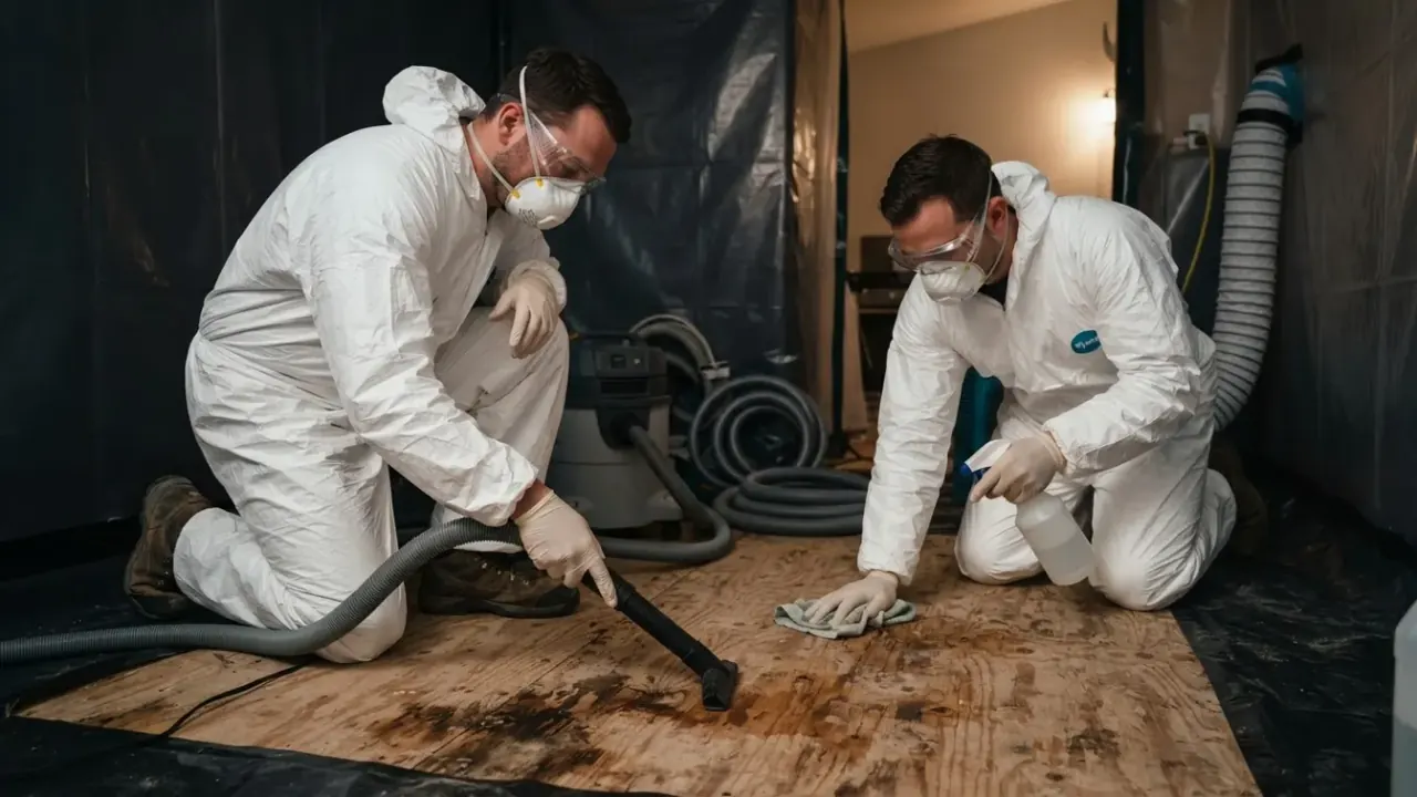 Mold Removal & Remediation in Florida: team of two mold remediation technicians in full PPE meticulously cleaning a wooden