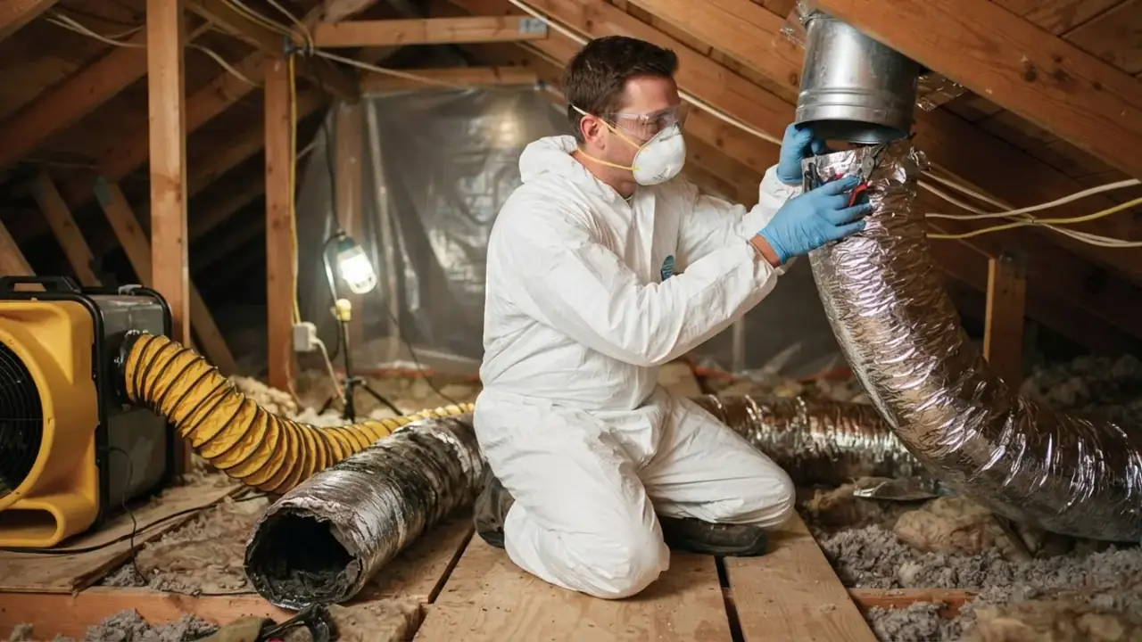 HVAC Mold Inspection and Remediation in Florida: mold remediation technician replacing a mold-contaminated section of HVAC