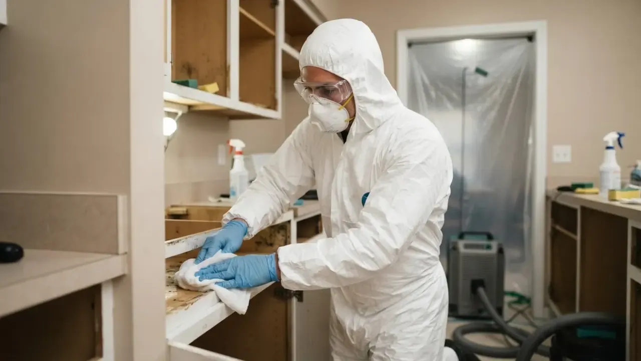 Interior & Exterior Mold Cleanup in Florida: mold remediation technician wiping down a mold-affected kitchen cabinet