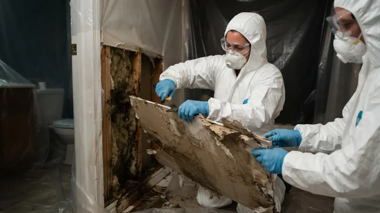 Mold Removal & Remediation in Florida: mold remediation technician carefully removing a large, water-damaged drywall panel