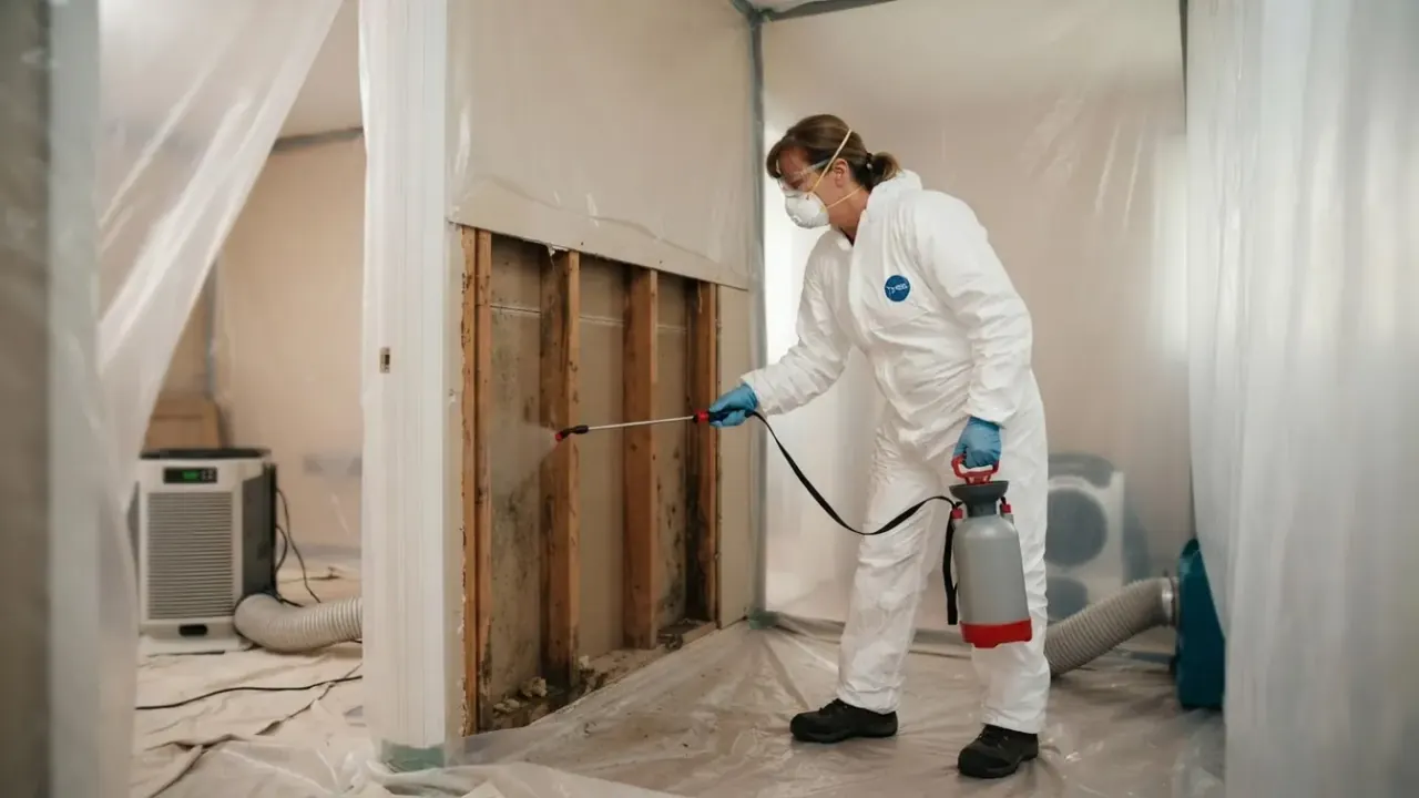 Mold Remediation Services in Florida: mold remediation technician applying an antimicrobial biocide solution with a pump