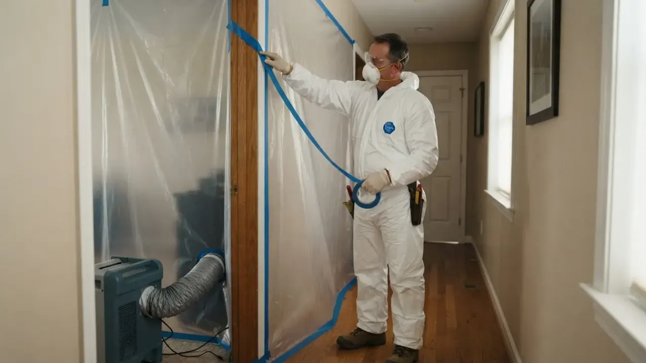 Mold Removal & Remediation in Florida: mold remediation technician in full PPE carefully sealing a doorway with plastic