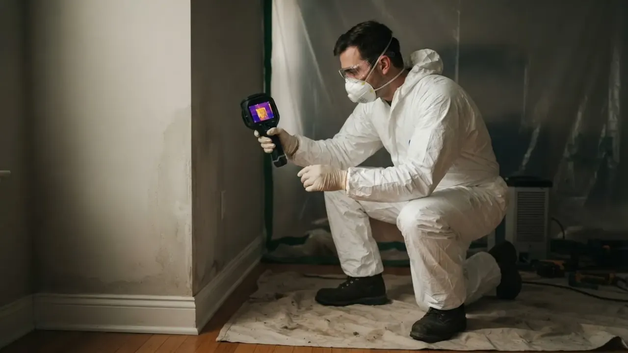 Mold Removal & Remediation in Florida: mold remediation technician using an infrared thermal camera to scan a wall for